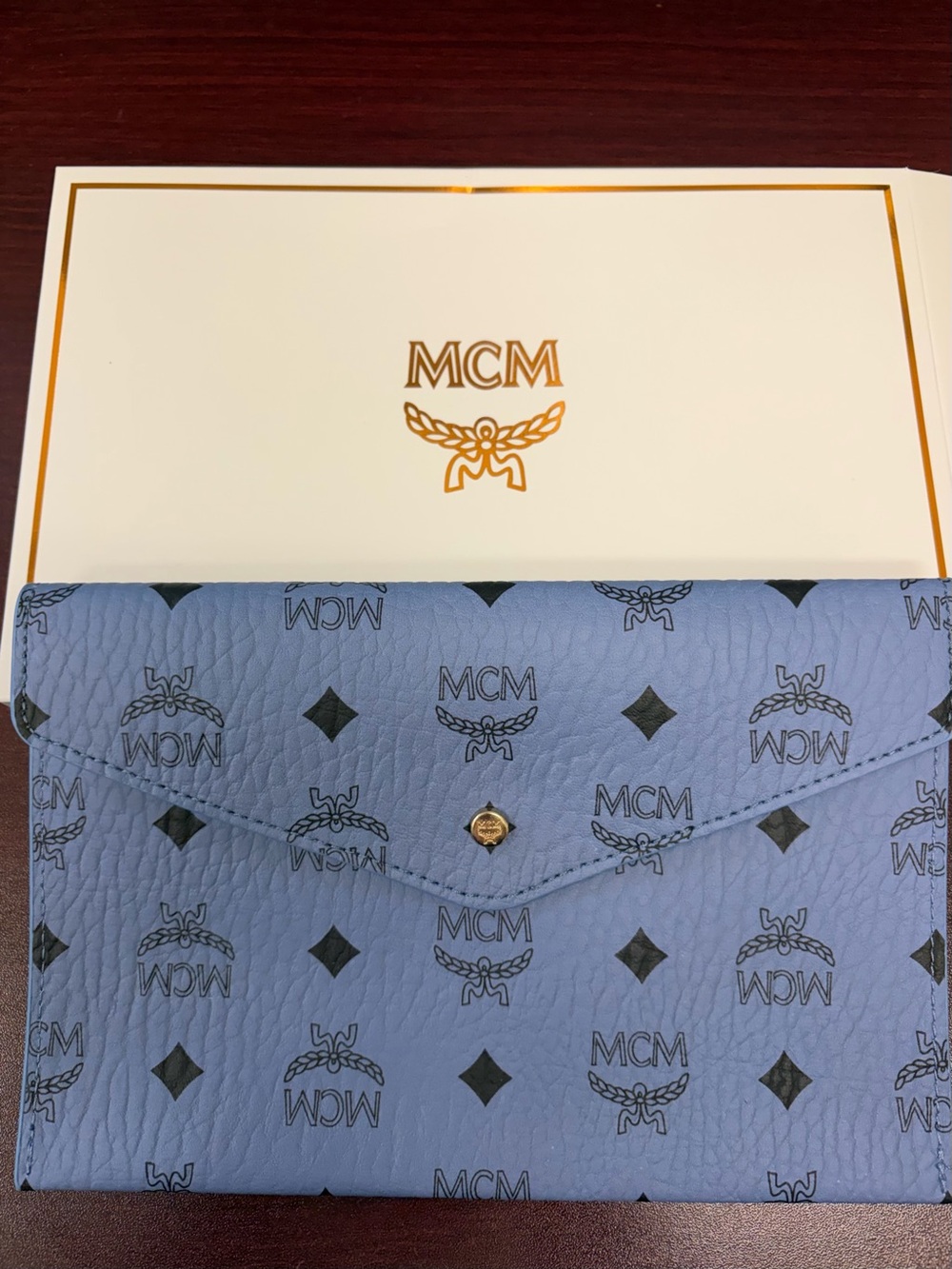 MCM Powder Blue Logo Envelope Clutch Pouch